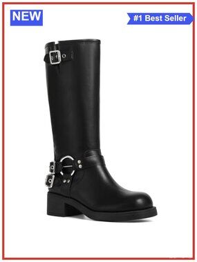 Knee High Combat Boots Square Toe Block Heel Buckle Zipper Pull On